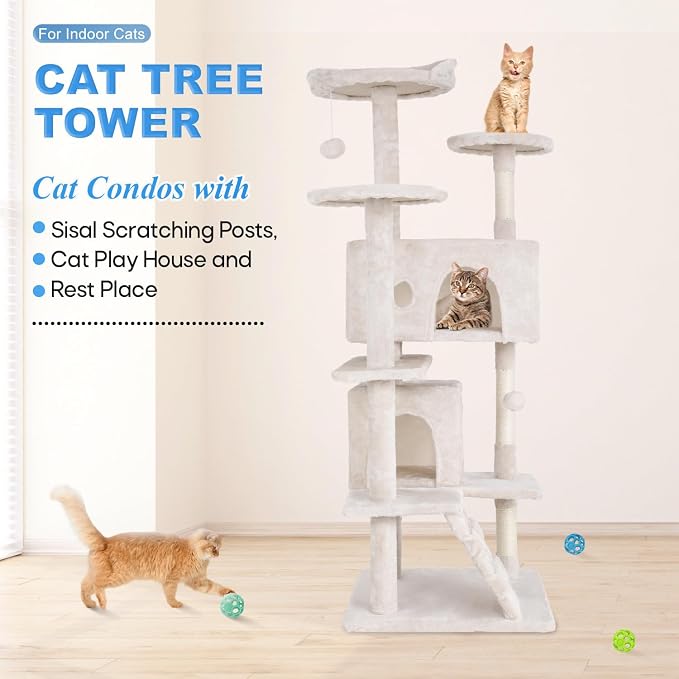 FDW | 54" Cat Tree Tower | Beige | Multi-Level Indoor Activity Center - Image 2
