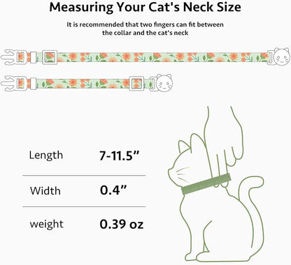 2 Pack Cotton Breakaway Cat Collar Beige and Green Flowers Pendant Cute Kitten - Image 3