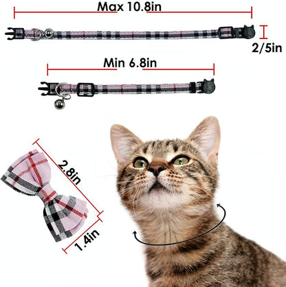 Cat Collar Breakaway with Bell and Bow Tie, Plaid Design Adjustable Safety - Image 7