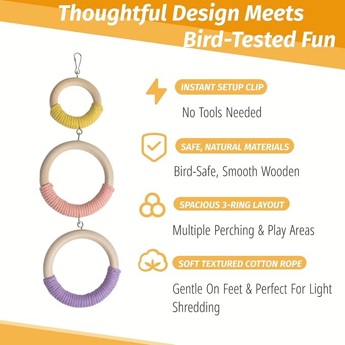 3-Ring Bird Wooden Swing Climbing Toy Chewable Cotton Rope Perch - Image 3