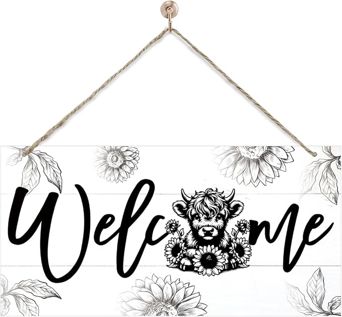 Welcome Sign for Front Door, Welcome Decor Wooden Hanging Sign, Highland Cow by corner+wind