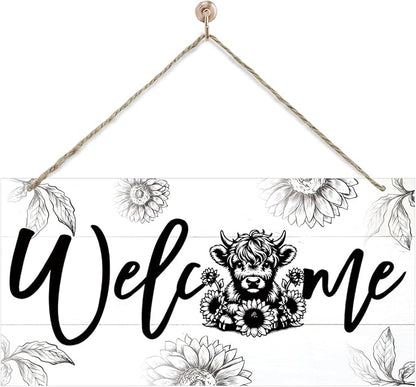 Welcome Sign for Front Door, Welcome Decor Wooden Hanging Sign, Highland Cow by corner+wind
