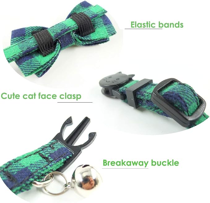 Cat Collar Breakaway with Bell and Bow Tie, Plaid Design Adjustable Safety - Image 3
