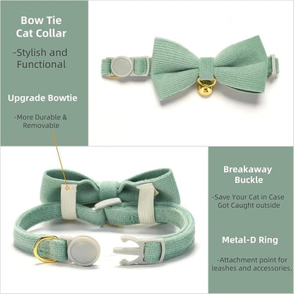 Soft Corduroy Cat Collar with Bell and Bowtie, Safety Breakaway Clasp, - Image 2
