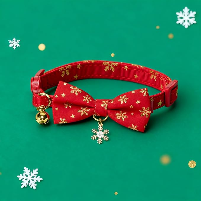Christmas Cat Collar 2 Pack Cotton Bowtie Cat Collars Glittery Snowflakes Cute - Image 2
