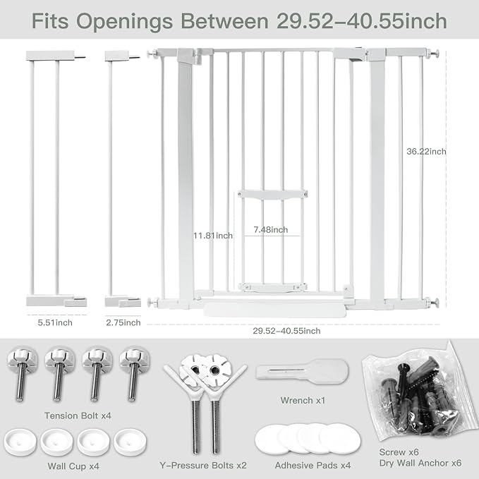 37 Inch Tall Baby Gate with Cat Door, Adjustable 29.55" and -40.55" Wide Auto - Image 2