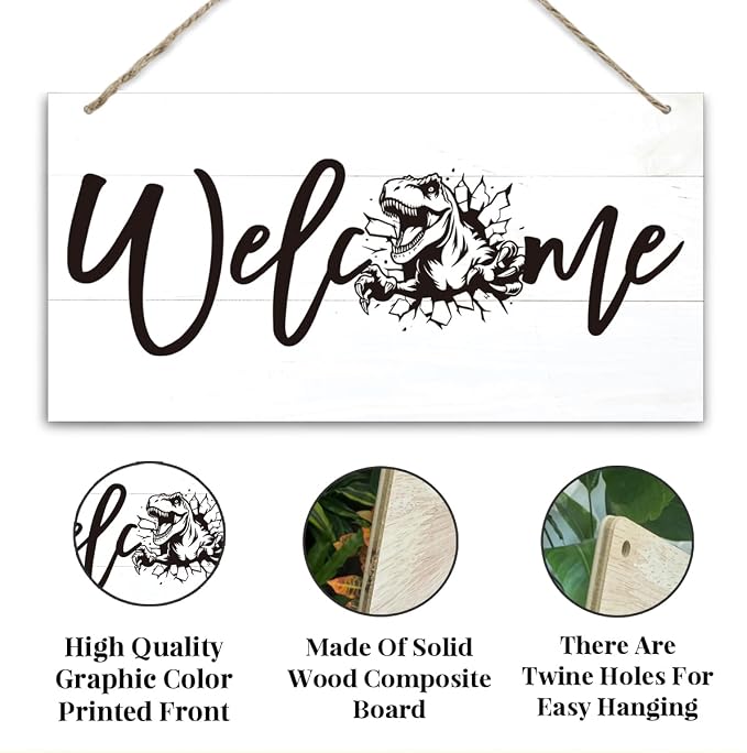 Welcome Sign for Front Door, Welcome Decor Wooden Hanging Sign, Tyrannosaurus - Image 3