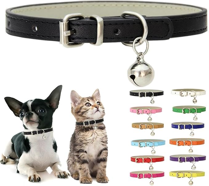 Black Small Collar with Bell, Soft Pu Leather Cat Collars Adjustable Buckle by Weimostar