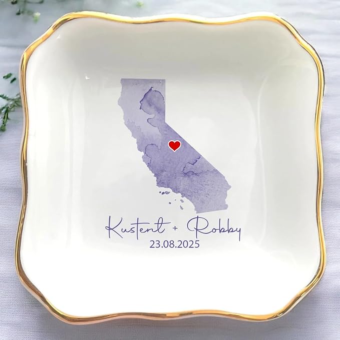 Custom State Location Map Engaged Ring Dish, Ring Holder Dish Engagement Gift by Anniversaree