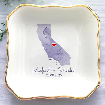 Custom State Location Map Engaged Ring Dish, Ring Holder Dish Engagement Gift by Anniversaree