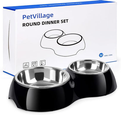 Double Dog Bowls Set – Non-Slip Pet Food & Water Dishes by Petvillage