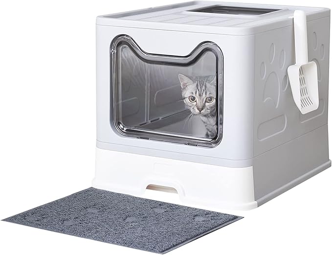 Cat Litter Box with Litter Mat and Scoop, Large Covered Litter Box with Lid by Medario