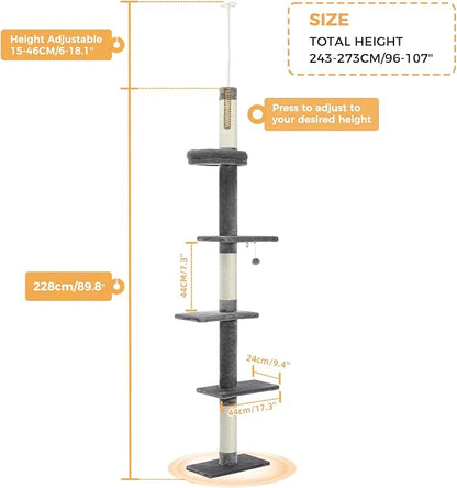 PETEPELA Cat Tower 5-Tier Floor to Ceiling Cat Tree Height Adjustable, Tall - Image 2