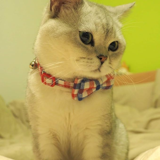 Cat Collar Breakaway with Bell and Bow Tie, Plaid Design Adjustable Safety - Image 2