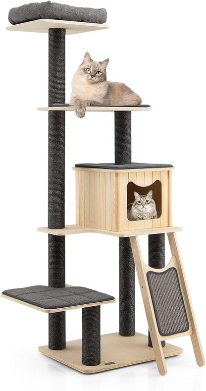 PETSITE 69-inch Tall Wooden Cat Tree Tower, Modern Cat Activity Center Tree by PETSITE