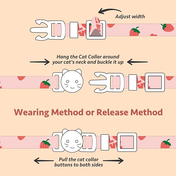2 Pack Cotton Breakaway Cat Collar Pink Strawberries and White Heart Shaped - Image 7