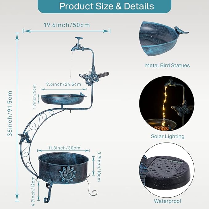 VEWOGARDEN Vintage Solar Bird Bath - Image 3