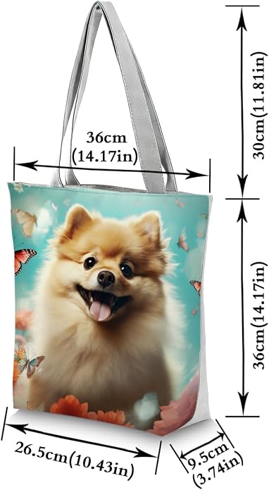 Cute Dog with Butterfly and Floral Design Tote Bag with Zipper Closure Outdoor - Image 4