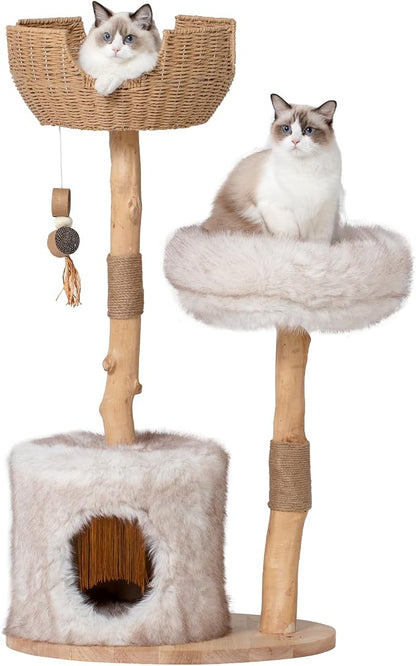 Cat Tree Tower with Two Real Branches, 44 INCH Wood Modern Cat Tower with by PEGIC