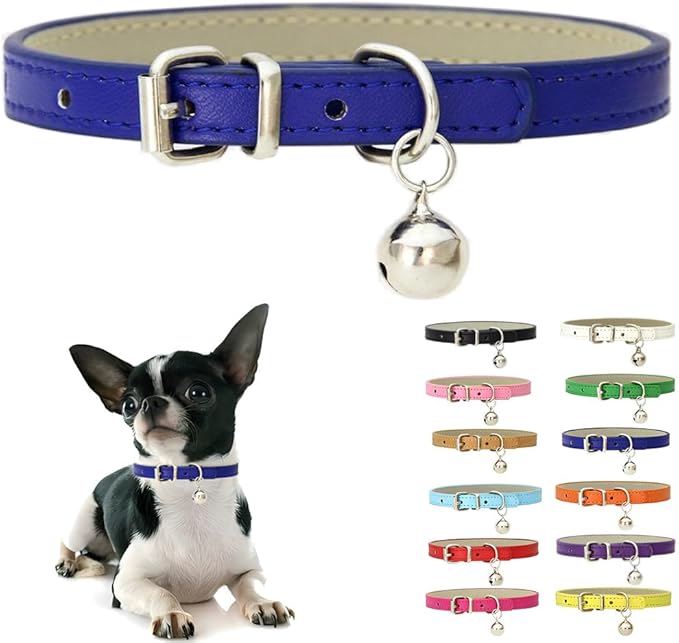 Dark Blue XS Dog Collar with Bell, Soft Pu Leather Cat Collars Adjustable Buckle by Weimostar