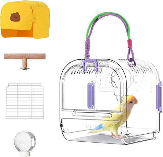 Bird Travel Carrier Cage with Metal Perch, Bottom Mesh, Food Bowl Tray by Tafit