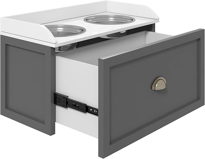 PawHut Feeding Station with Storage Drawer, Food Storage Cabinet with 2 - Image 6