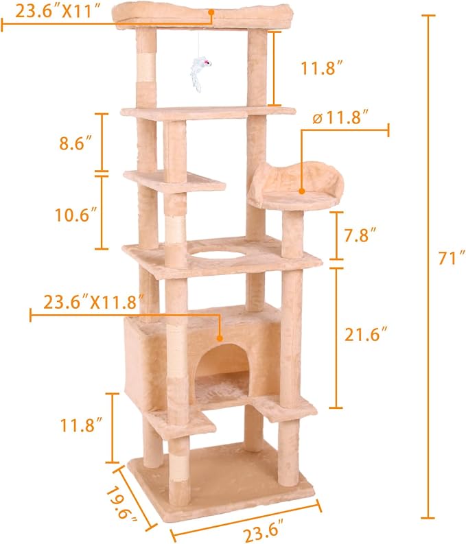 71'' Velvet Cat Climbing Frame, Large Top Padded Perch and Playhouse, - Image 2