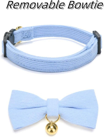 Soft Corduroy Cat Collar with Bell and Bowtie, Safety Breakaway Clasp, - Image 2