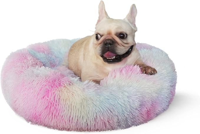 Calming Donut Dogs Beds for Small Dogs Washable, 23inch Plush Round Pet Bed for by nononfish