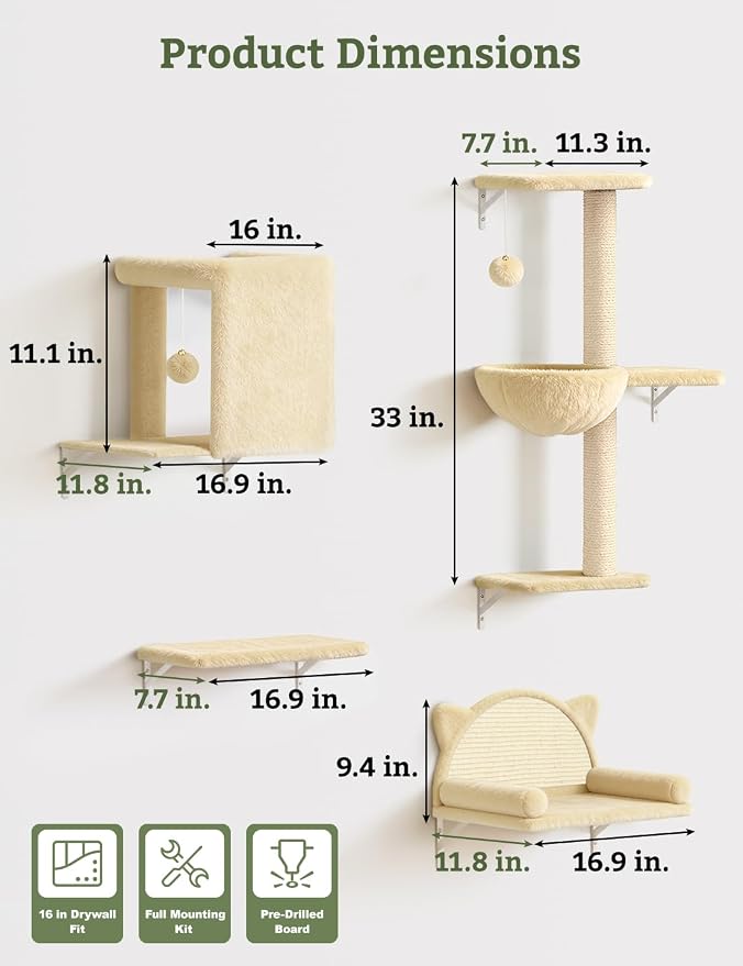 5-in-1 Cat Wall Shelves, Solid Wood & Velvet & Sisal Scratcher, 44lbs Max Load - Image 5