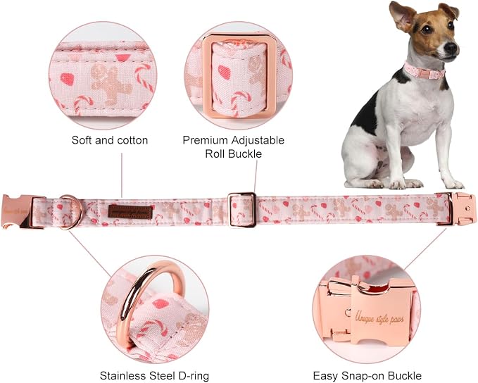 Unique style paws Christmas Dog Collar Metal Buckle Pink Gingerbread Puppy - Image 2