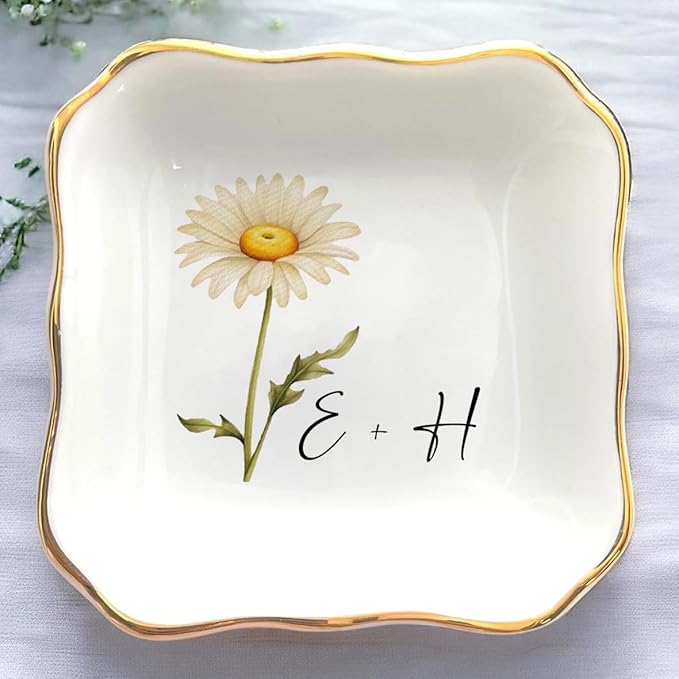 Personalized Floral Jewelry Dish, Engaged Ring Dish, Custom Trinket Dish by Anniversaree