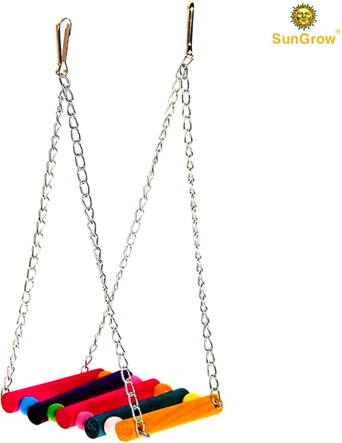 SunGrow Parrot Bird Swing Wooden Perch, Hanging Cage Accessory, Metal Chain - Image 2