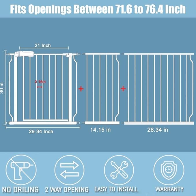Extra Wide Baby Gates 71.5-76.3 Inch White Pressure Mounted Baby Gate Indoor - Image 2