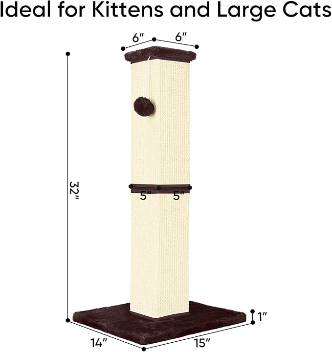 Cat Scratching Post 32 Inch for Indoor Large Cats and Kitten, Nature Sisal Tall - Image 2