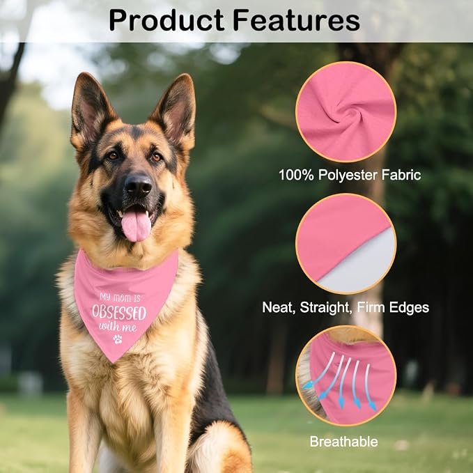 My Mom is Obsessed with Me Pink Dog Bandana, Cute Pet Scarf Accessories Photo - Image 3