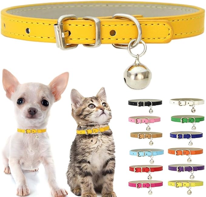 Gold Puppy Collar with Bell, Soft Pu Leather Cat Collars Adjustable Buckle by Weimostar