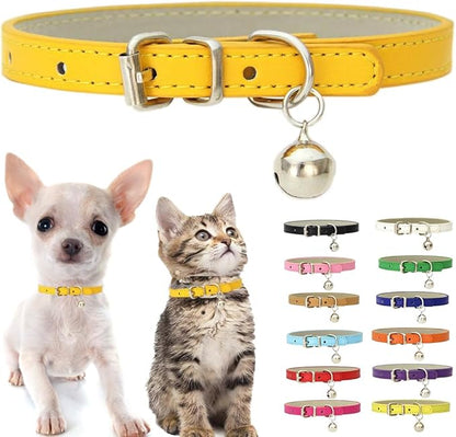 Gold Puppy Collar with Bell, Soft Pu Leather Cat Collars Adjustable Buckle by Weimostar