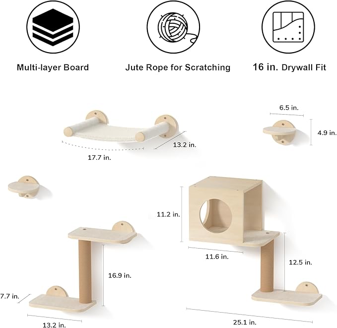 FUKUMARU Cat Wall Shelves, 5-Piece Stable Wooden Wall-Mounted Furniture Set - Image 5