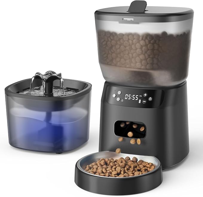 Automatic Cat Feeder and Water Fountain, 4L/16 Cups Timed Cat Dry Food Dispenser by CORGOTE