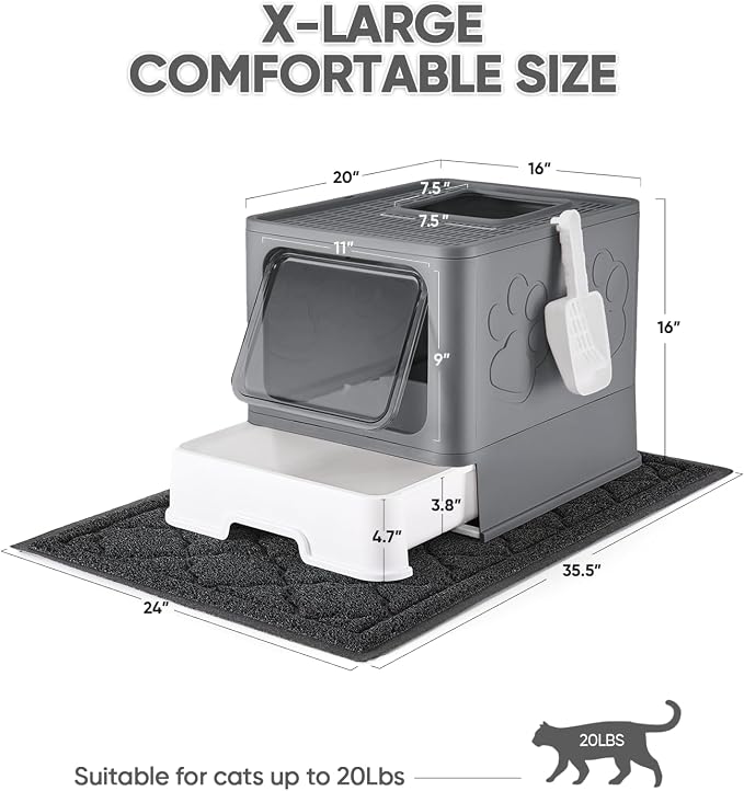 Cat Litter Box with X-Large Litter Mat and Scoop, Large Covered Litter Box with - Image 3