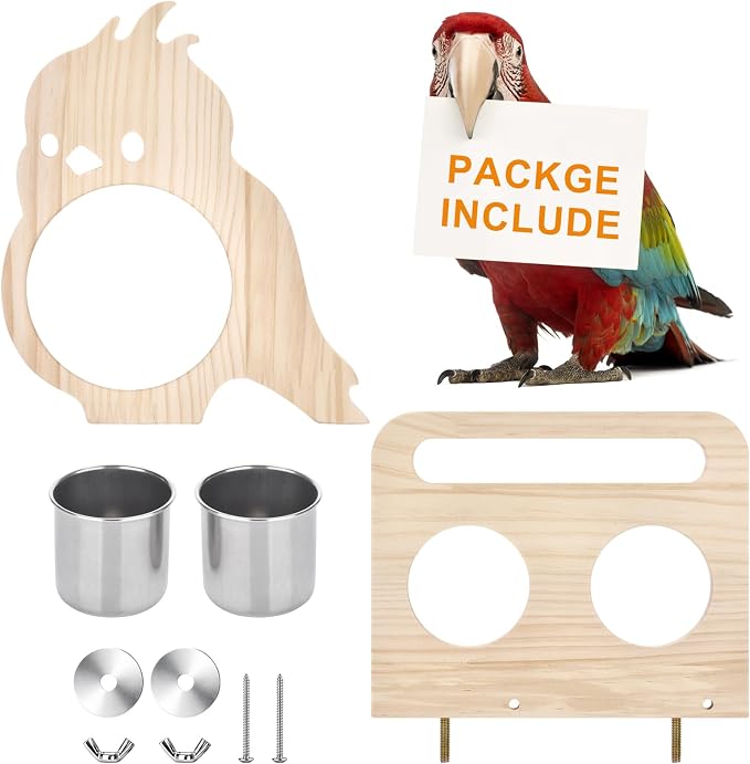 Feeder with Acrylic Mirror & Stainless Steel Bowls, Natural Wood Perch - Image 7