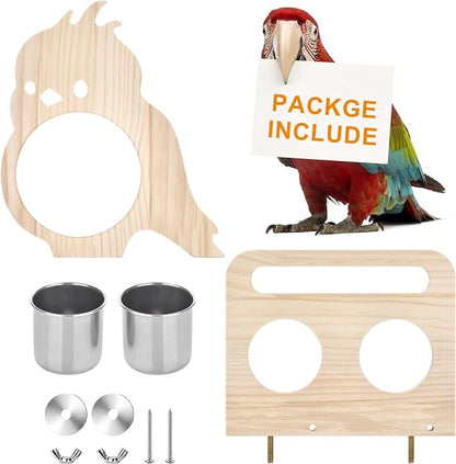 Feeder with Acrylic Mirror & Stainless Steel Bowls, Natural Wood Perch - Image 7