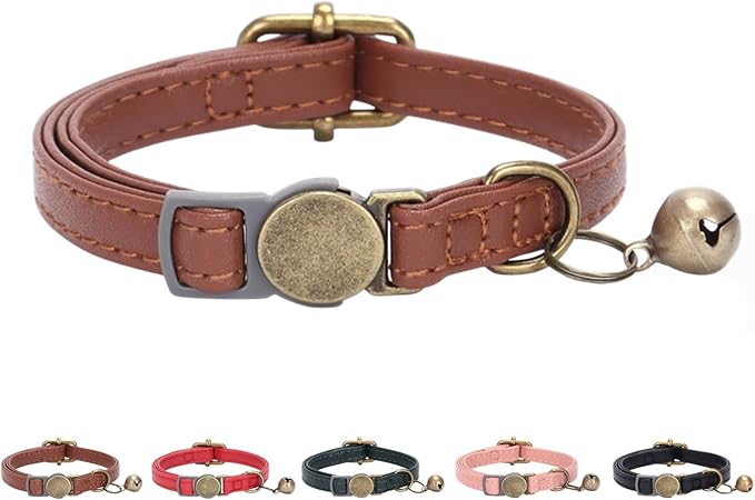 THAIN Leather Cat Collar with Bell Breakaway- Adjustable, Retro Bell fit Most by THAIN