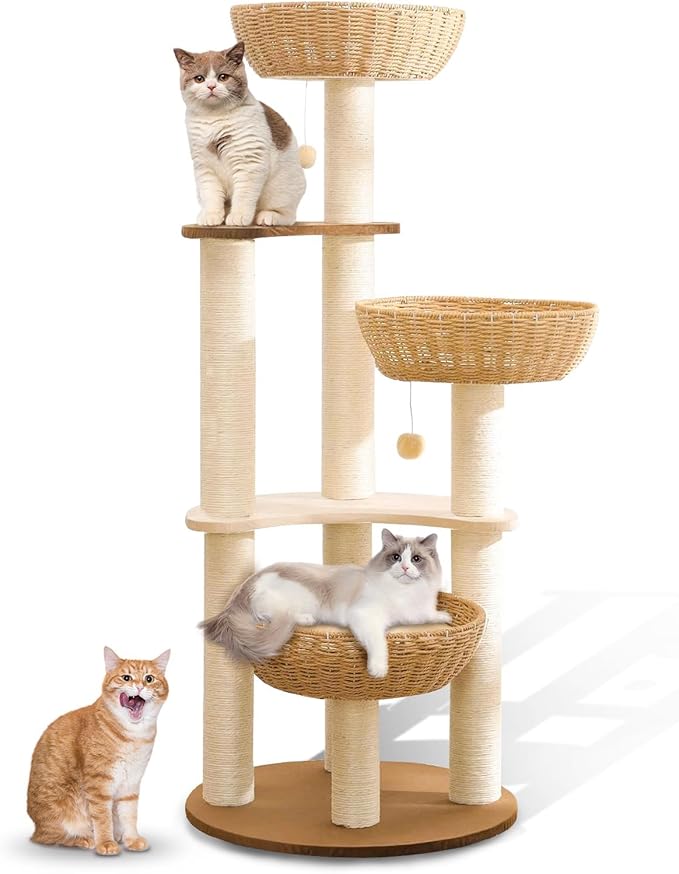 52" Modern Cat Tree Tower for Large Cats, 3Cat Nests Manual Hand Woven by Hiyong