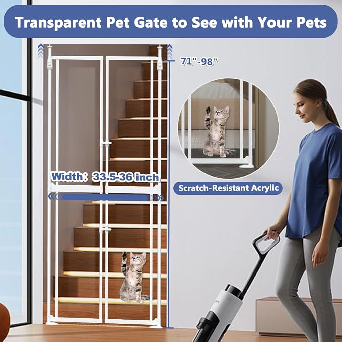 71-98" Clear Tall Cat Pet Gate, 33.5-36 in Wide Extra High Dog Gates - Image 4
