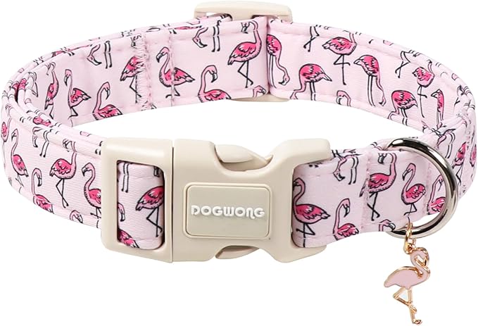 DOGWONG Cute Pet Dog Collar Pink Flamingos Cotton Dog Collar- Soft Girl Puppy by DOGWONG