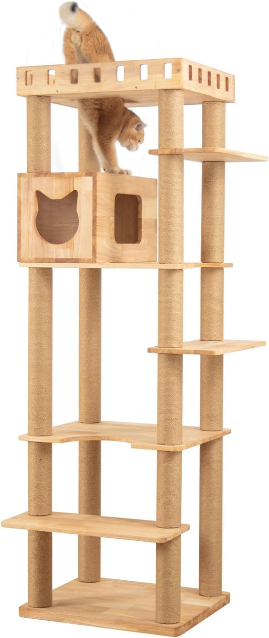 74" Wooden Cat Tree Tower for Large Cats, Cat Condo & Hammock, Natural Wood Cat by PETTIFULCATTREE