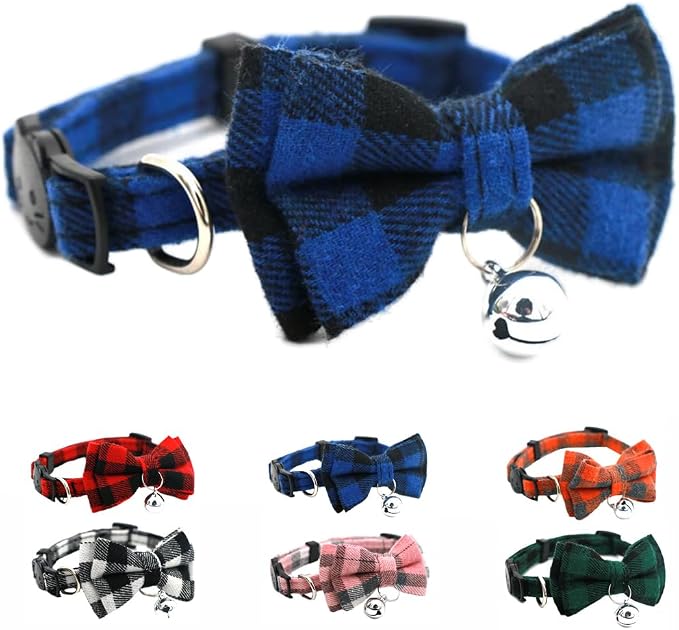 Blue Plaid Bow Dog Collar with Bell, Breakaway Cat Bell Collar with Bowtie by YOUALSO