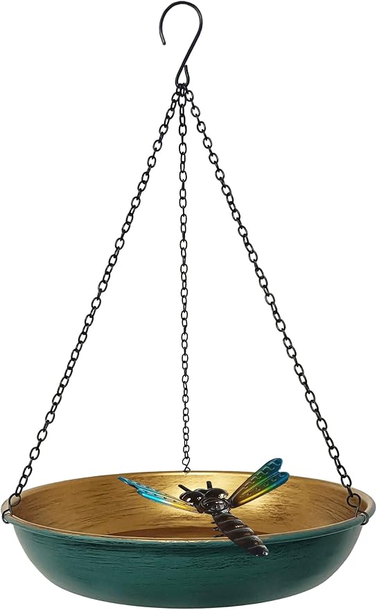 Hanging Birdbath Bird Feeder for Outdoor 11 Inch Green/Bronze Cute Metal Bird by Keygift